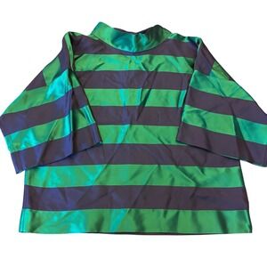 Agnes B Paris | Size 2 | Green Navy Blue Striped | Mock Neck Blouse Boxy Top